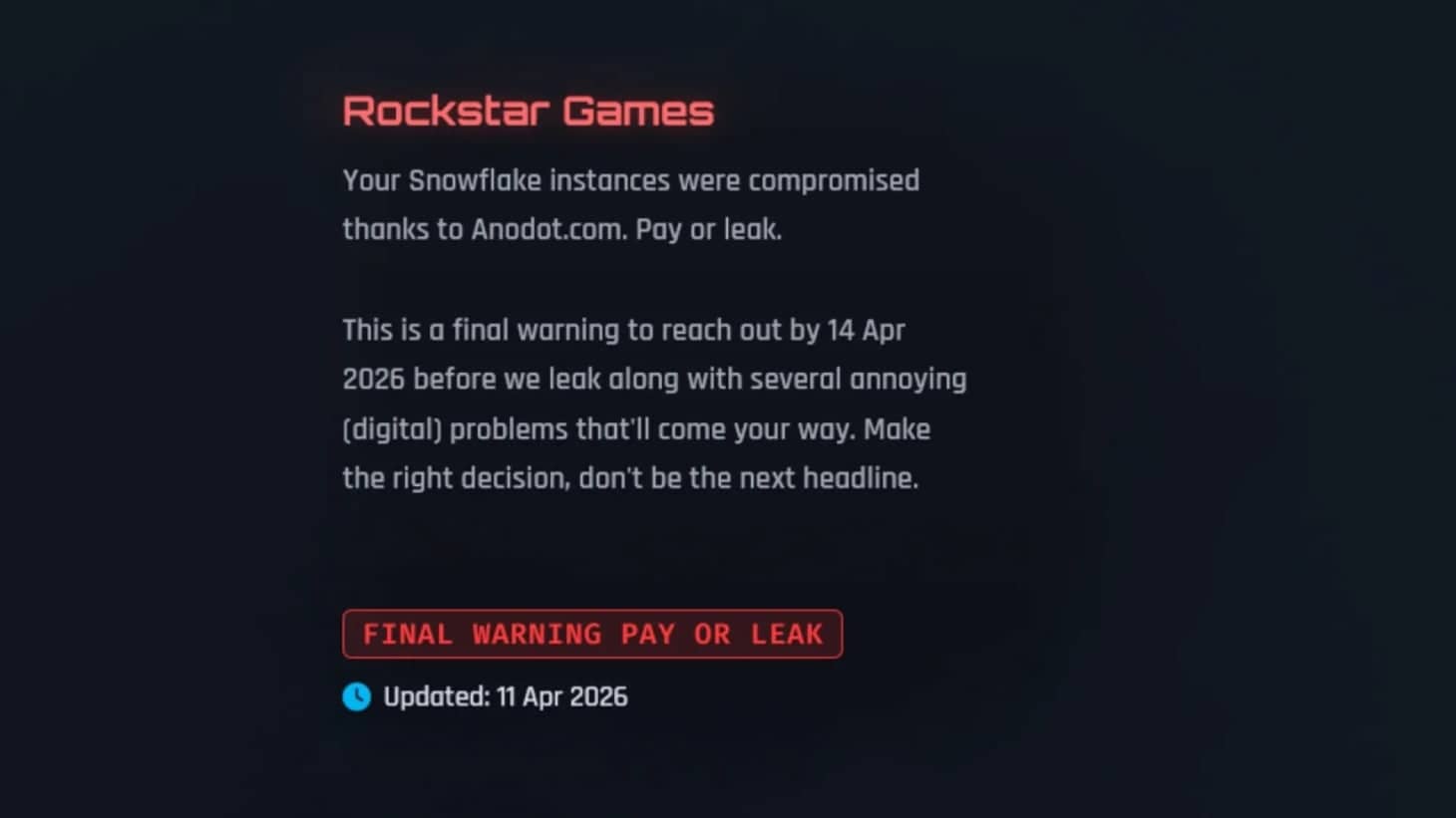 ShinyHunters: ультиматум Rockstar до 14 апреля 2026 г.