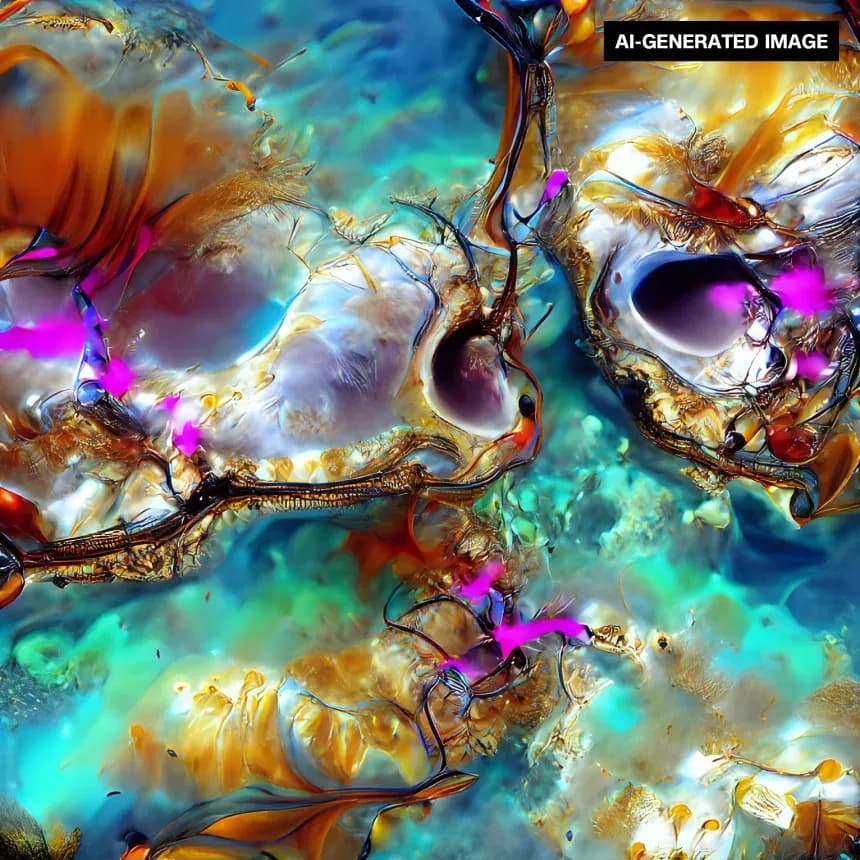 Abstract AI-generated artwork with translucent biomorphic forms, turquoise background, and gold, orange, and magenta accents.