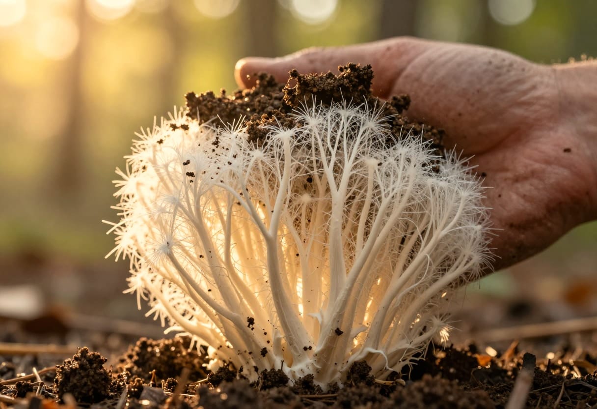 The hidden, interconnected fungal networks beneath the forest floor and the scientific visualization of these biological systems.