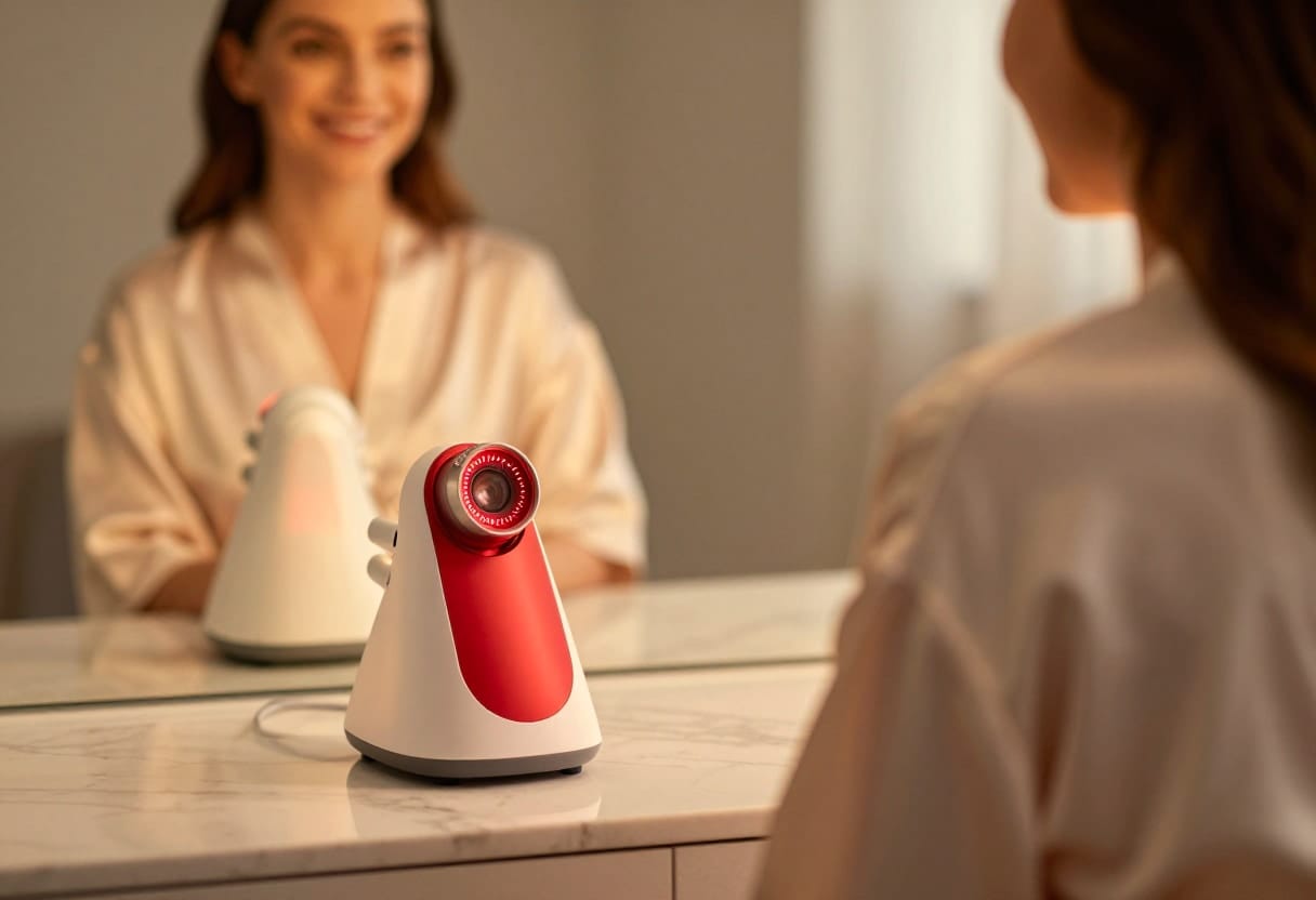 A sophisticated, high-end home wellness ritual involving red-light therapy and skincare.