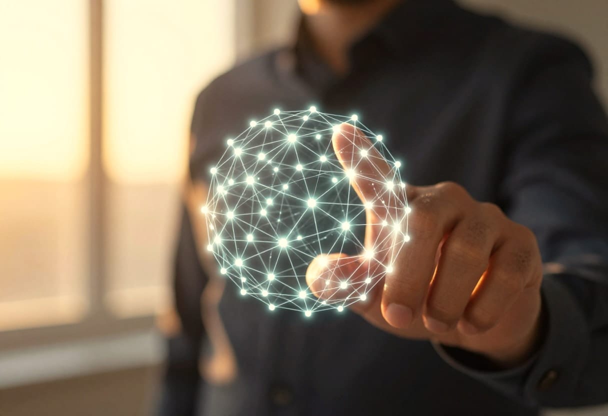 A professional researcher or data scientist interacting with a sophisticated, abstract visualization of evolving data structures and memory nodes.