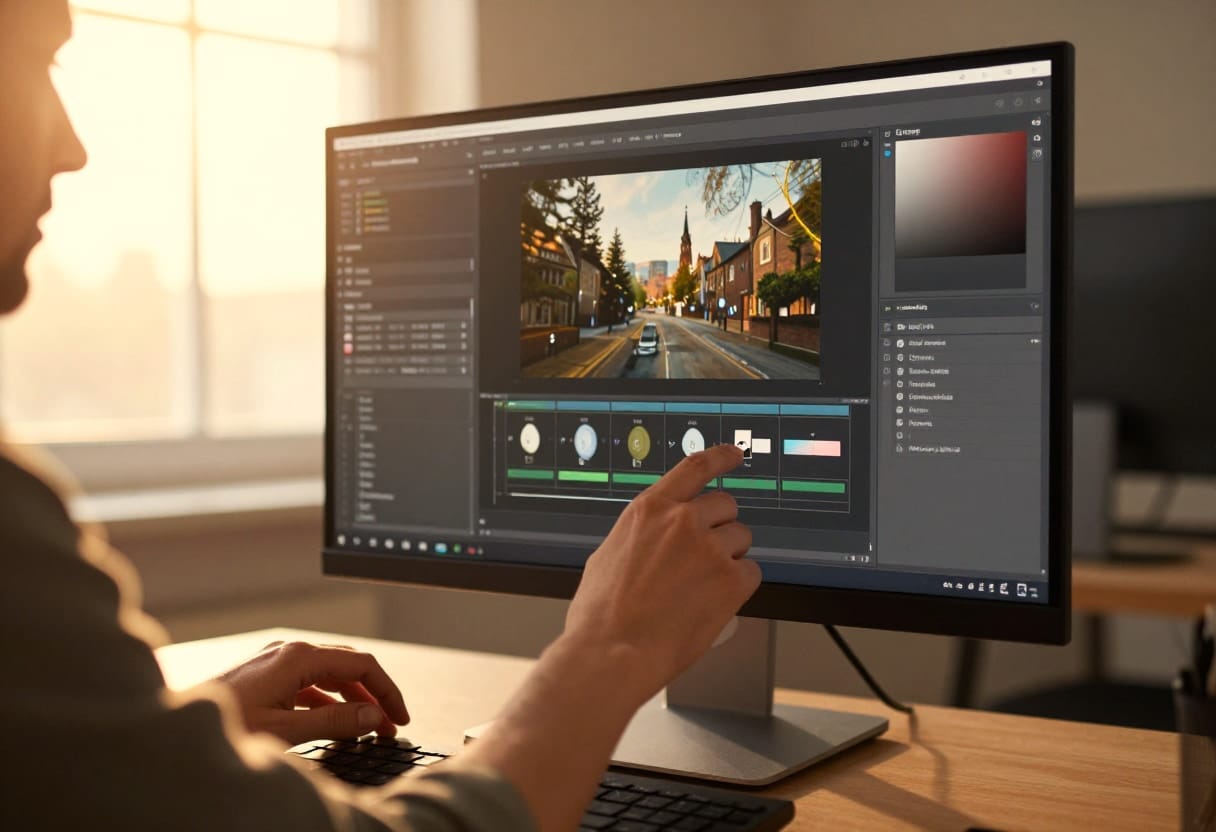 A professional creative at a workstation using advanced AI tools to enhance and refine high-resolution visual media.