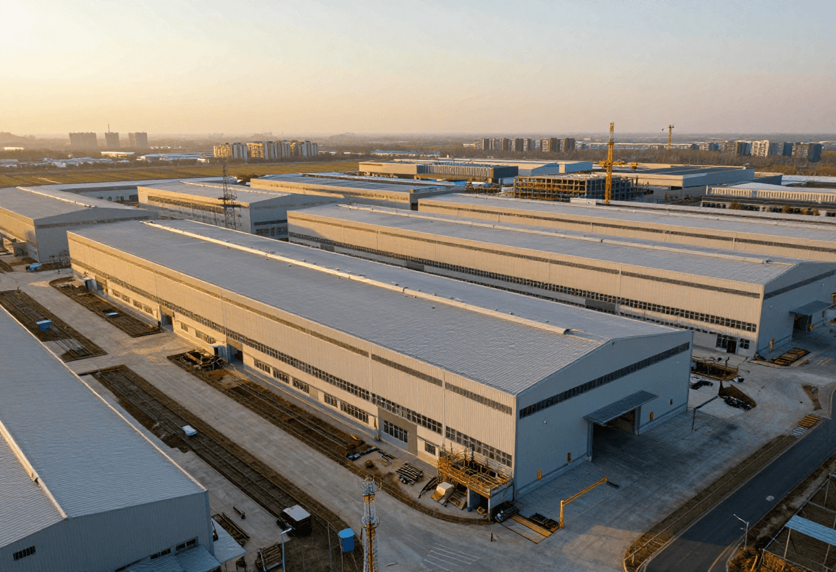 An expansive industrial construction site featuring a large modern warehouse and heavy machinery under a vast open sky.