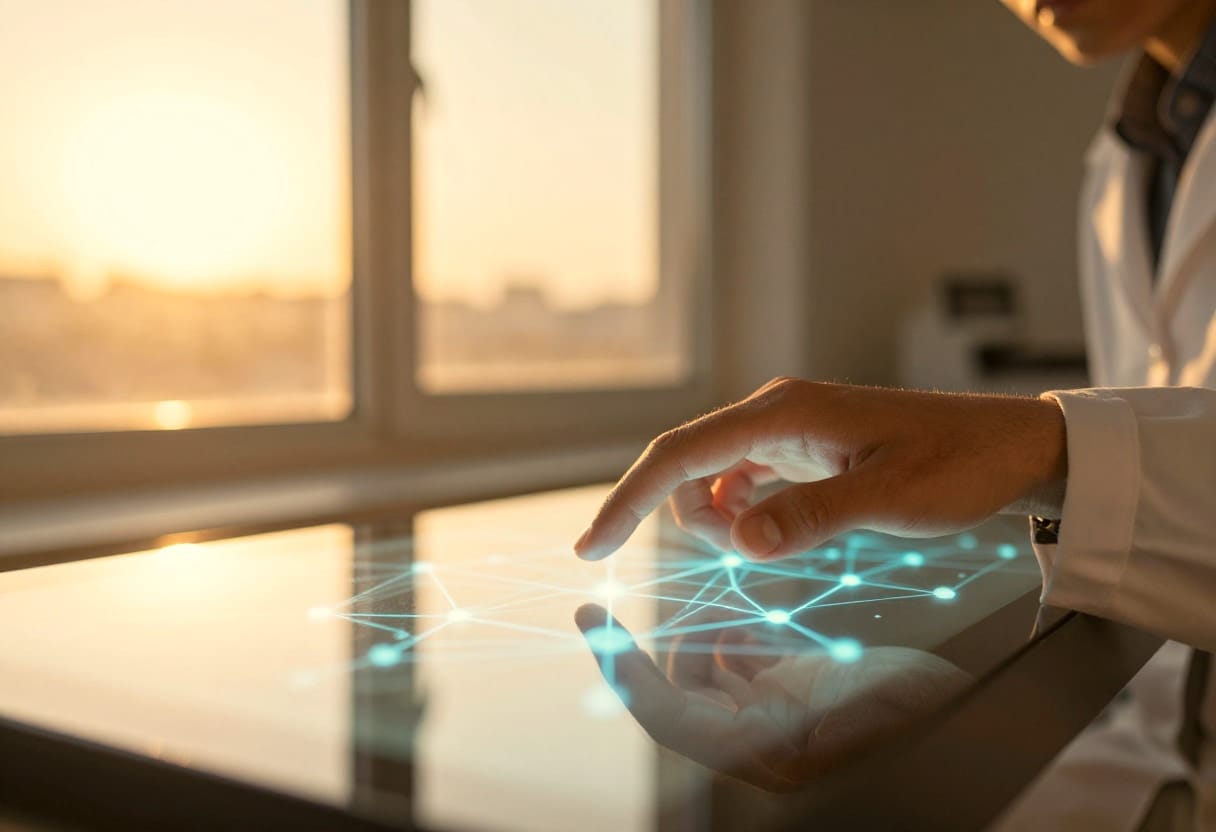A professional researcher analyzing the abstract internal architecture of a complex neural network through a high-end digital interface.