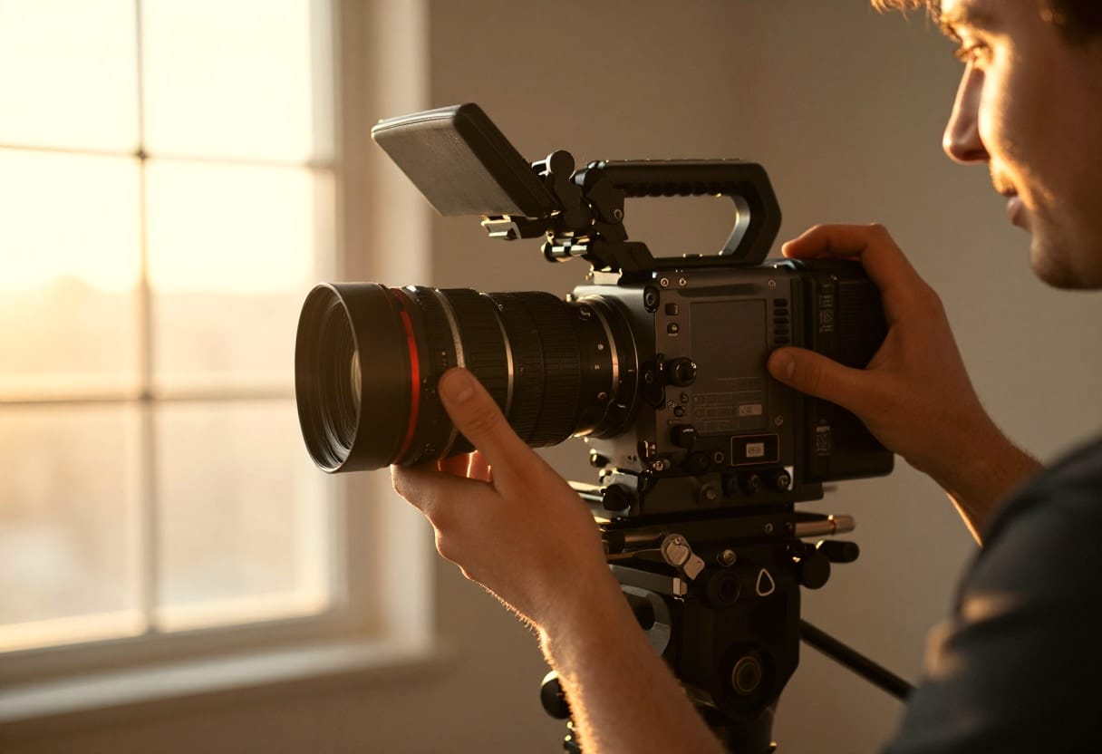 A professional film production environment where human creativity meets advanced technological tools, focusing on the craft of filmmaking.