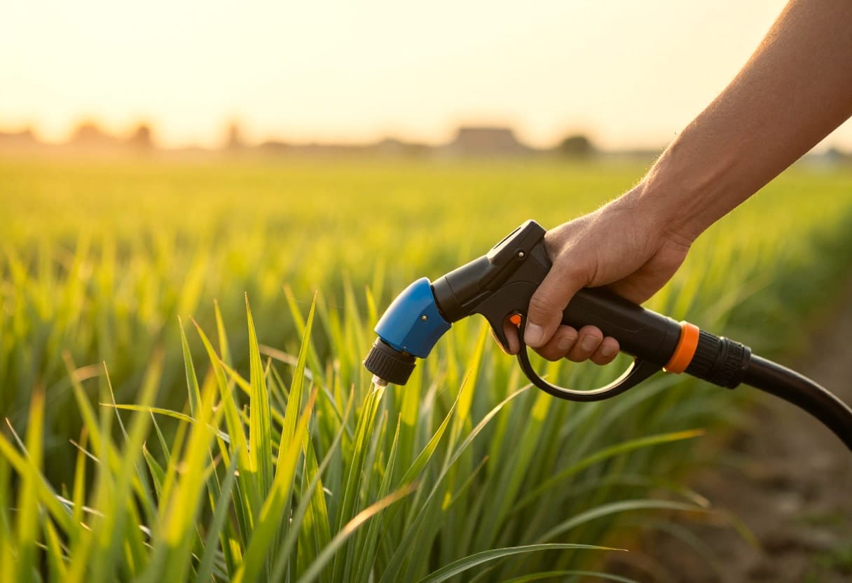 A professional agricultural setting showing the precise, high-tech application of crop protection on a lush, irrigated field.
