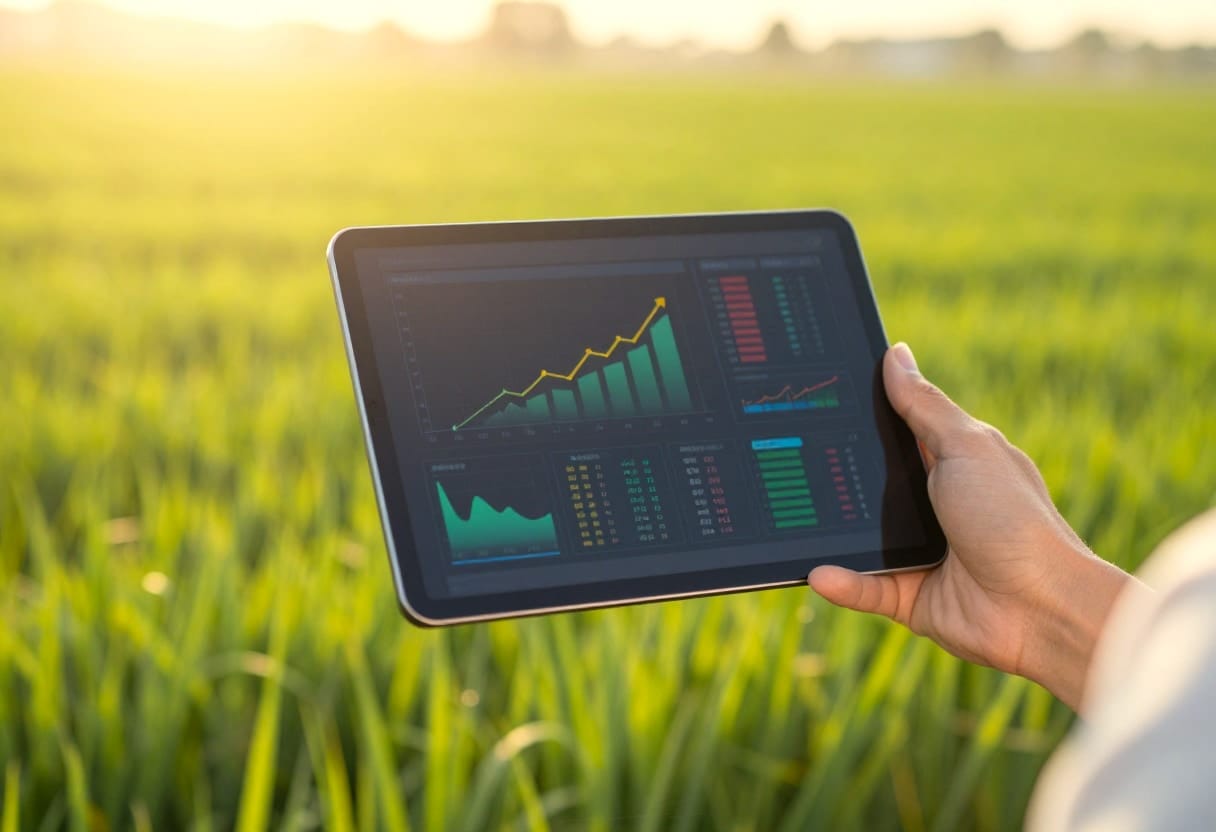 A professional agricultural specialist interacting with advanced technology to optimize crop health and farm efficiency.